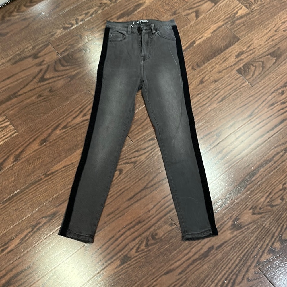 Neon Blonde faded black skinny jeans with black velvet tuxedo stripes